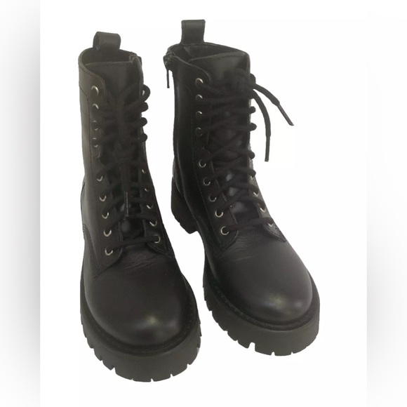 🆕 NWOB Steve Madden Linze Black Leather Combat Boot Lug Sole Lace UP Zip Size 5 - Picture 5 of 12